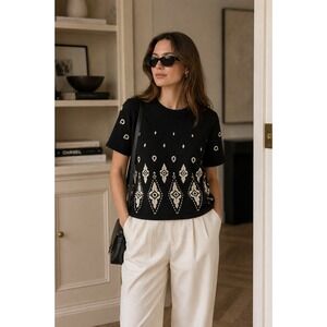 Mondi Vintage Whimsigoth Boho Black Short Sleeve Fisherman Geometric Knit Top